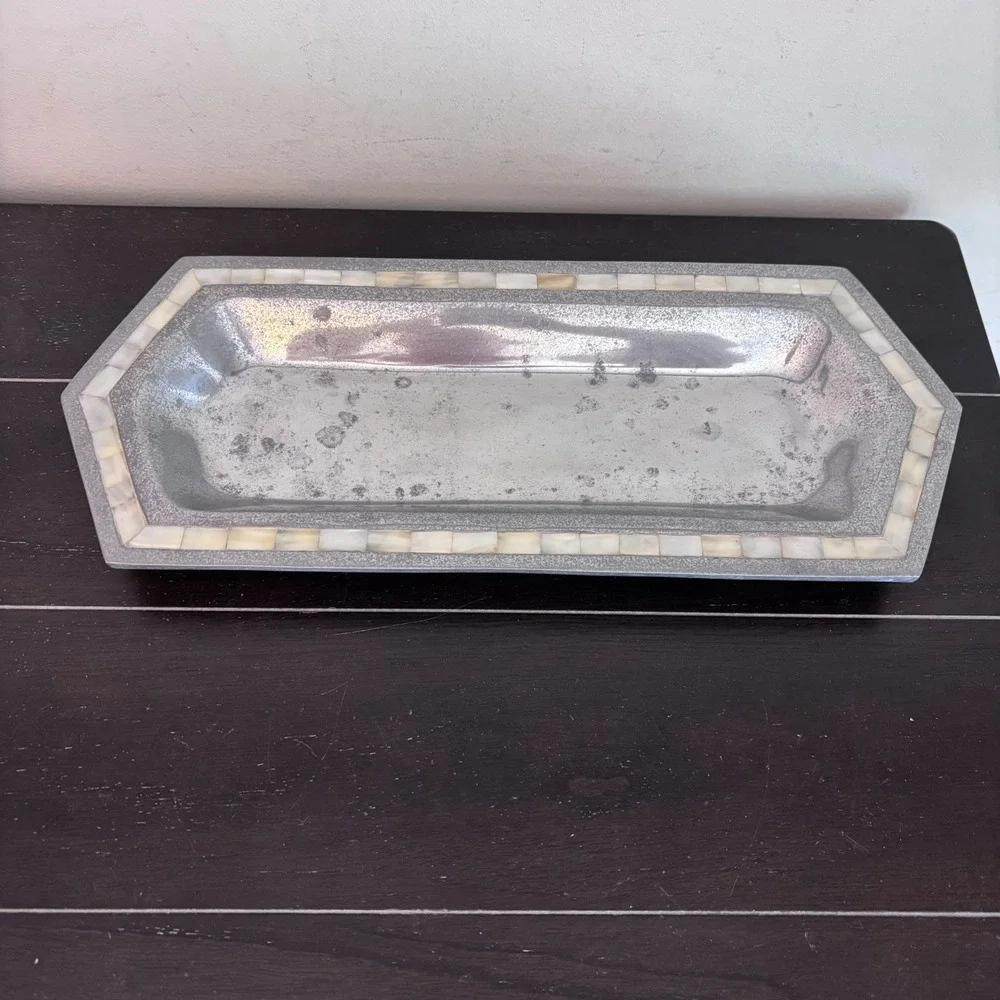 Silver Aluminum Tray | Mother of Pearl Mosaic Inlay Border‎ | Made in India